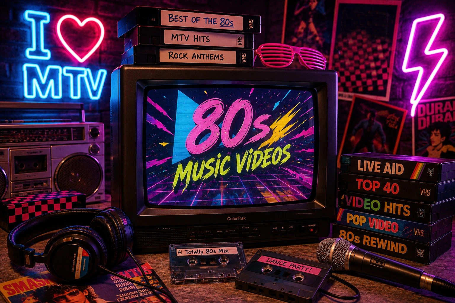 A colourful 1980s-inspired television surrounded by cassette tapes and music video imagery