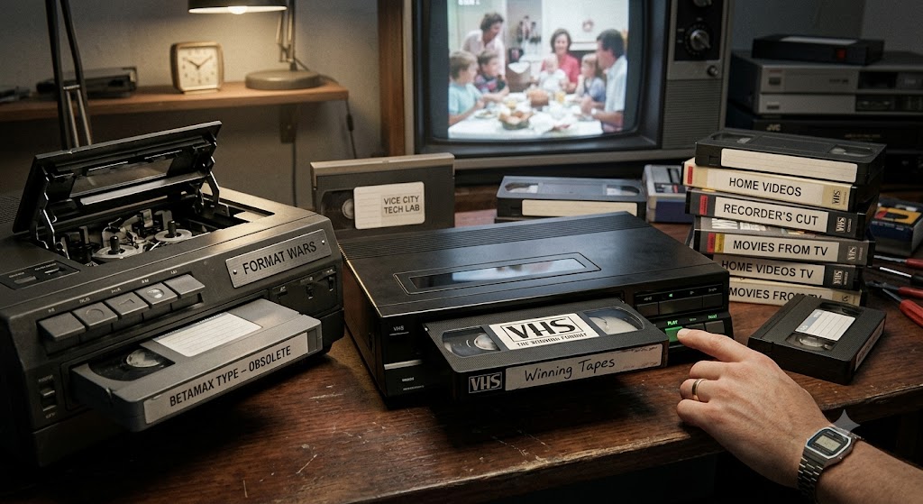 A collection of VHS and Betamax tapes